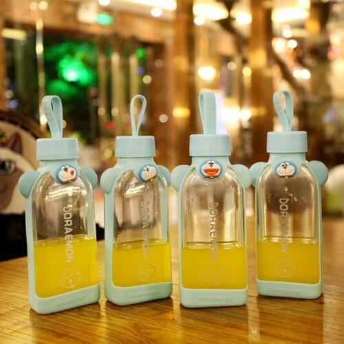 Cartoon Jingling Cat Glass Portable Cup with Rope Creative Square Water Bottle Lucency Flat Water Bottle Kids Water Bottle Cute