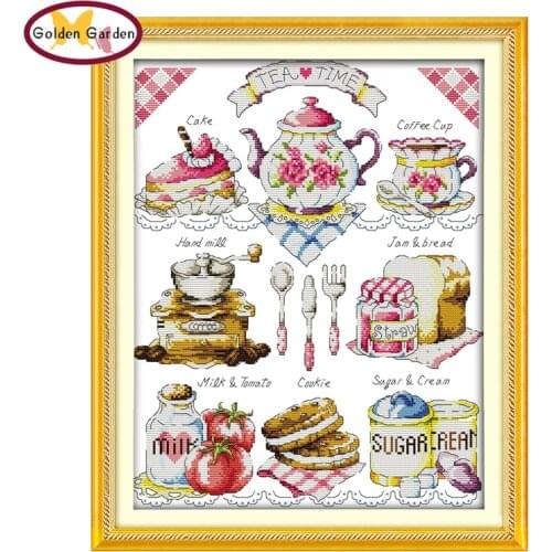 GG Tea Time Cross Stitch Kit Counted Printed 14CT 11CT Embroidery DIY Handmade Needlework Craft Cotton Cross-stitch for Kids