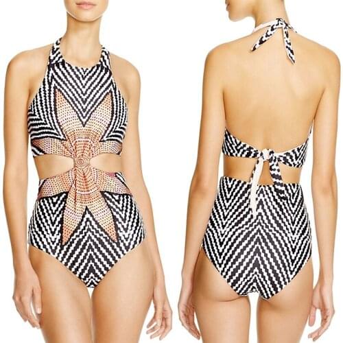 New Arrival Placement Print Hollow Sexy Mayokini Swimwear Female One Piece Bathing Suits Women Monokini Ladies Swimsuit