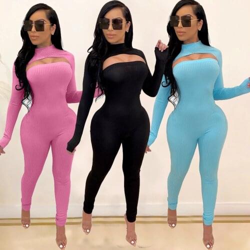 Solid-Color Sexy Hollow Out Long-Sleeves Women Jumpsuit 2020 Autumn European And American Rompers Bodysuit