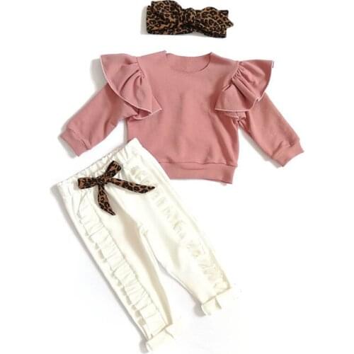1-5Y Toddler Kids Girls Clothing Sets Autumn Children Girls Ruffles Pullover T-shirts+Leopard Bowknot Ruffles Pants+Headband