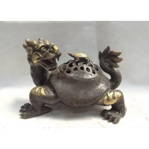 Song voge gem S2564 10" Chinese Buddhism Bronze Dragon Turtle Statue Box Incense Burner Censer