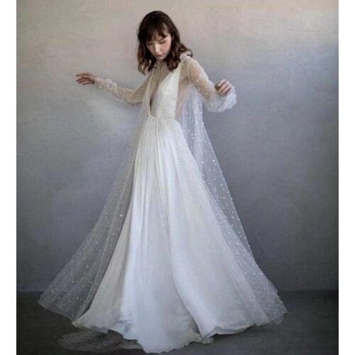 Two Piece Beach Boho Photoshoot Wedding Dress Pearl Tulle A Line Satin Bohemain 2021 New Long Sleeve Bridal Gown Wedding Dress
