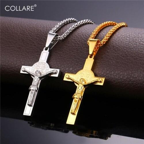 Collare INRI Crucifix Cross Pingente Stainless Steel Gold Color Pendant Wholesale Cross With Saint Benedict Medal Necklace P277
