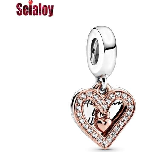 Seialoy New Rose Gold Heart Pendant Shiny Charm For Bracelets & Necklace Diy Fashion Crystal Dangle Jewelrys Accessories Beads
