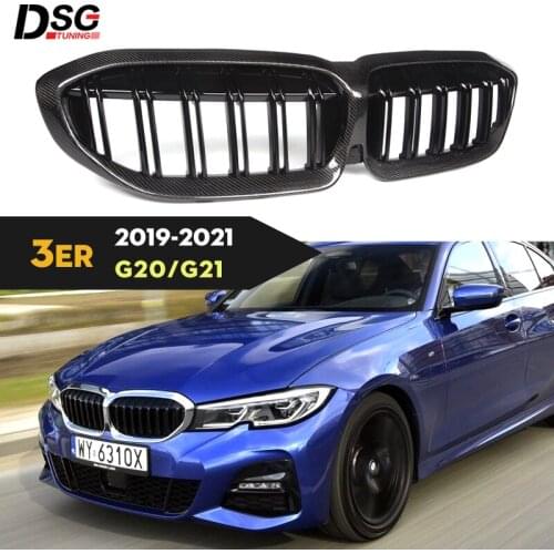 Front Hood Kidney Grille Carbon Fiber Dual Line Compatible for BMW 3 Series G20 G21 2019 2020 2021 Grills Car Accessories