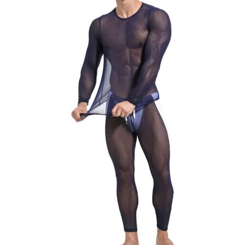 Sexy Men Pajamas Sets See Through Ice Silk Thin Man T-shirt & Pants Pajama Sets Skinny Fitness Riding Sleep Bottoms Sleepwears