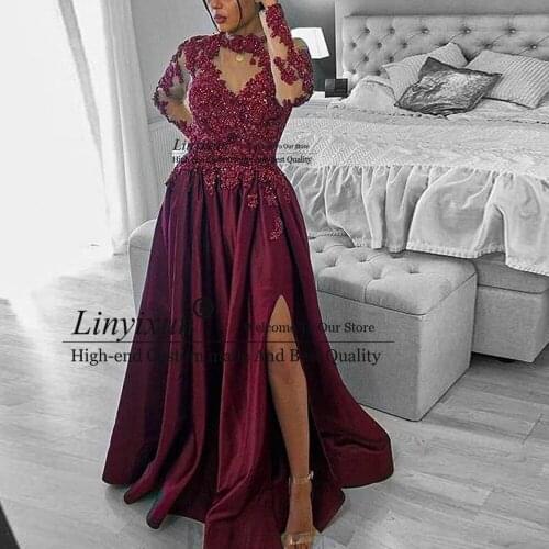 Sexy Wine Read Tulle Long Sleeves Prom Dresses Custom Made High Neck Split Long Evening Party Gown Dubai Arabic Robe De Soiré