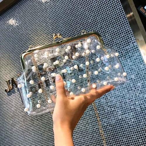 Ladies Fashion Transparent Handbag PVC Pearl Chain Hasp Crossboay Bag Jelly Retro Clear Messenger Handbag Package Женская Сумка