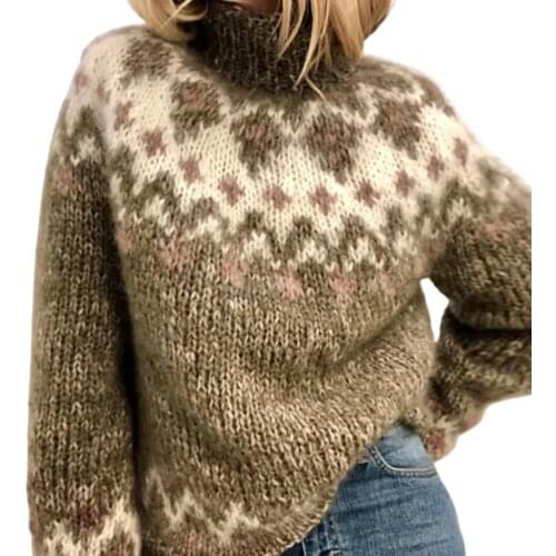 Women Turtleneck Knitted Sweater Jacquard Weave Long Sleeve Jumpers Warm Pullover Oversize Sweater