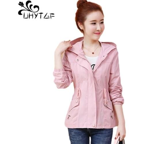 UHYTGF Spring Autumn Trench Coat Women Fashion Hooded Casual Female Outerwear Solid Wild Elegant Girl Plus Size Windbreaker 2028