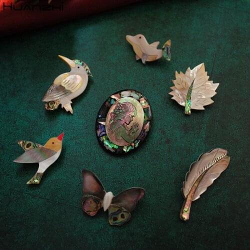 HZ 2020 New Natural Shell Cute Animal Feather Bird Panda Butterfly Vintage Brooch Coat Accessories for Women Men Jewelry