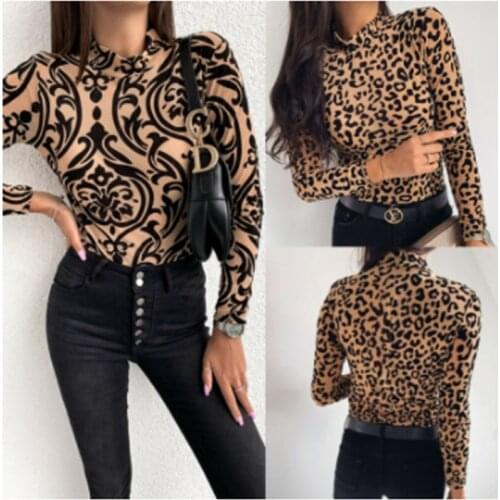 Women T-Shirt Sexy Fashion Ladies Leopard Floral Print Long Sleeve Turtleneck Clubwear Casual Autumn Clothes Slim Fit Tops