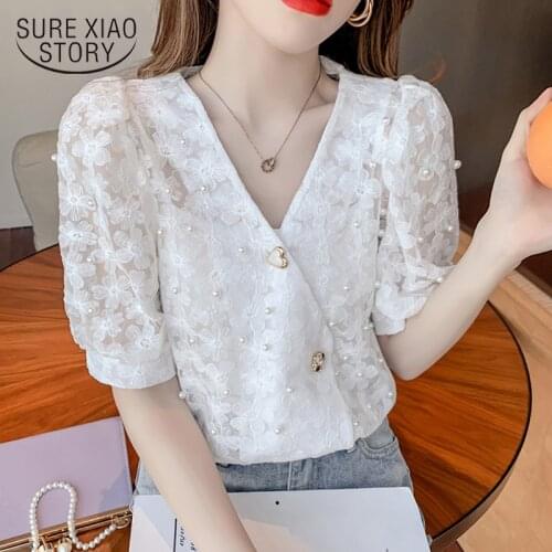 Summer 2021 New Women Blouses Puff Sleeve Beading V-neck Fashion Lace Shirt Short Sleeve Hook Flower Hollow Tops Blusas 15134