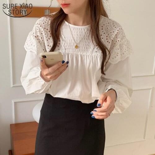 2021 O-Neck Shirt Hollow Out Vintage Elegant Spliced Tops Women Solid Long Sleeve Korean Loose Blouses Blusas 13602