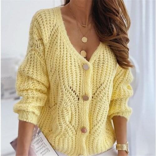 SHUJIN Casual Long Knitted Cardigan Women Autumn V-neck Yellow Cardigan Lantern Sleeve Loose Female Button Knitwear Sweaters
