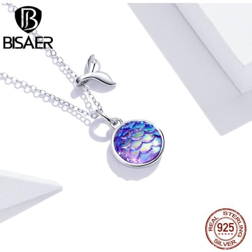 Bisaer Fishtail scale Necklace for Women 925 Sterling Translucent opal Luxury Brand Jewelry Mode ECN448