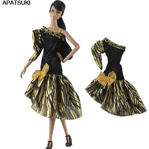 Golden Bowknot One Shoulder Outfits for Barbie Doll Dress Clothes Party Gown 1/6 BJD Doll Accessories Toys For Children Gifts
