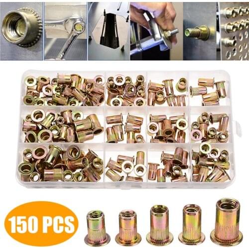 150pcs Car Auto SAE Rivet Nut Kit Rivnut Nutsert Set 1/4-20 10-32 10-24 8-32 6-32 Repair Carbon Steel Zinc Plated Tool Parts