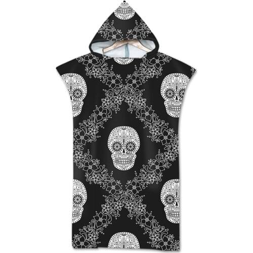 Free shipping Novelty Gift Halloween Gothic Cool Skull Flower Print Large Adult Hooded Poncho Towel Surf Swim Bath Beach Towel