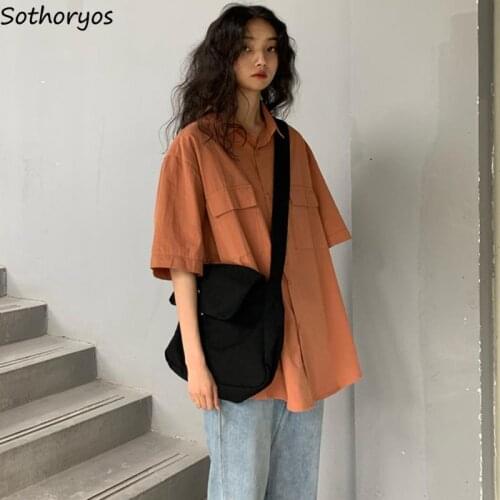 Blouse Women Shirts Turn-down Collar Short Sleeve Summer Solid Retro Pockets Loose Womens Streetwear Harajuku Stylish All-match