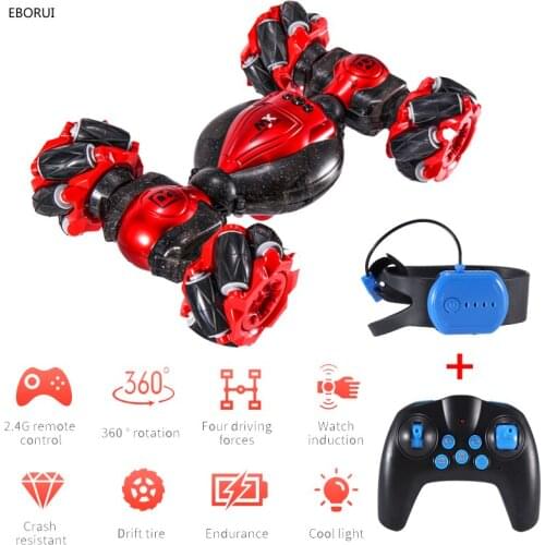 EBORUI RC Stunt Car 2.4Ghz 4WD RC Car Deformable All-Terrain Off Road Car Double Sided Rotating Race Car w/ Gesture Sensor Watch
