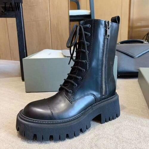 Shoes Woman Round toe Platform Chelsea Boots Women Flat heel Leather Ankle boots lace up Black Motorcycle Boots Ladies Shoes