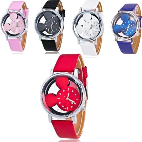 Disney Mickey Mouse Watch Mickey Minnie Anime Figure Children Watch Boys Girls Cartoon Leather Watches Childrens Day Gift Toys