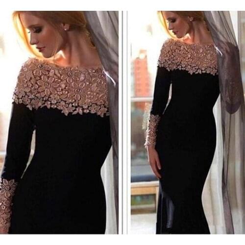 Long Sleeves Black Satin Open Boat Neck Lace Long Mermaid Evening Gown Prom Wedding Party Dresses