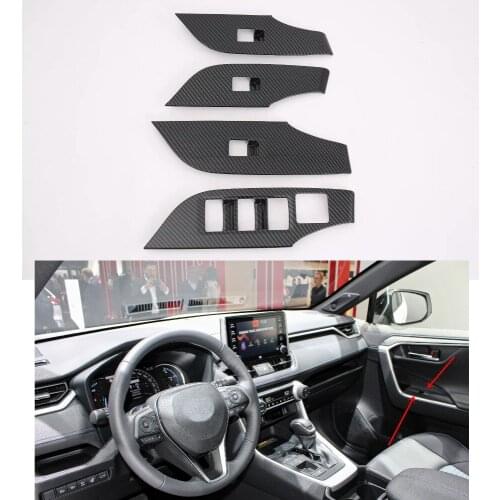 For Toyota Rav4 2018 2019 Car door armrest panel cover car window trim lifter buttons decoration strip 4pcs Carbon fiber style