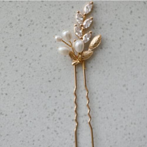 Gold leaf bridal hair comb wedding headwear high quality zircon pearl hair pin wedding hair accessories jewelry