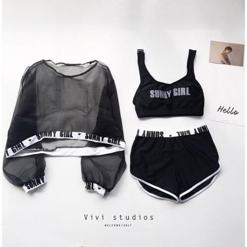 Swimwear Women 3 Piece Swimsuit Letter Print Solid Black Pink Long Sleeve Mesh Sport Bikini Set Vintage Bathing Suit Bikini