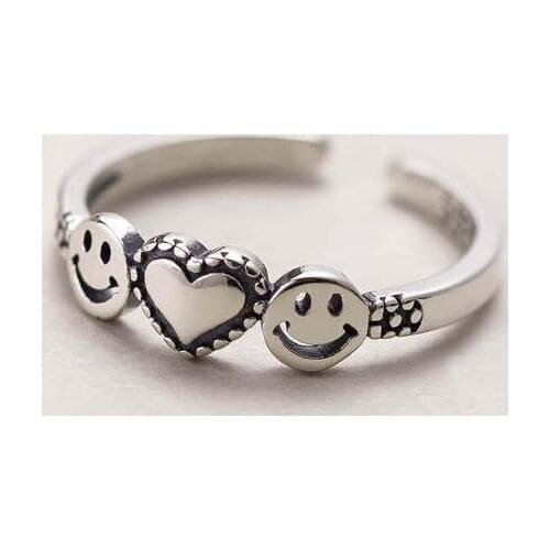Mini Ancient Silver Color Heart Happy Smiling Face Open Ring For Women Simple Cute Geometric Smiley Faces Adjustable Rings A918