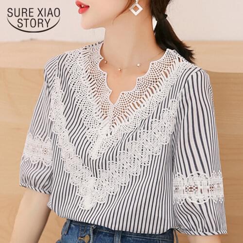 Fashion V-neck lace striped blouse short sleeve summer blouse for women 2021 top female shirt womens tops and blouses 4819 50