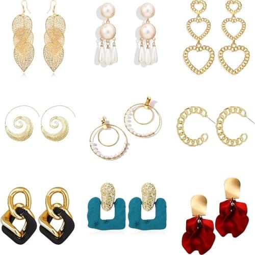 Fashion Hollow Chain Hoop Leaf Pearl Heart Shape Female Punk Round Earrings Gothic Geometric Gold Brincos Jewelry Gift