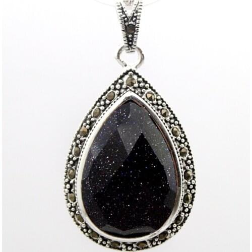 Fashion Faceted 40*20mm Blue Jade Sandstone 925 Sterling Silver Waterdrop Marcasite Pendant