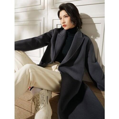 Autumn and winter 2021 new womens medium long suit collar raglan sleeve lace up double-sided cashmere wool thin coat