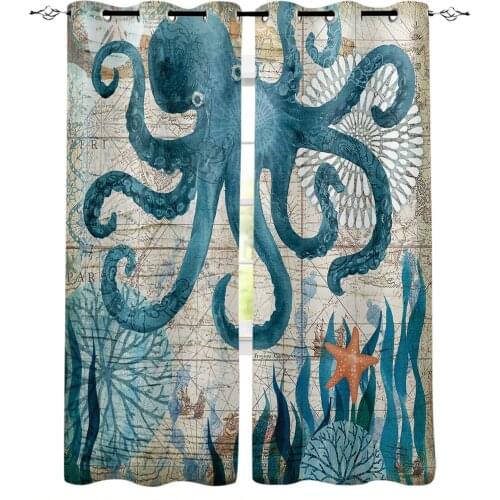 Octopus Ocean Retro Nautical Style Blackout Curtains For Bedroom Blinds Drapes Window Curtains For Living Room High Shading