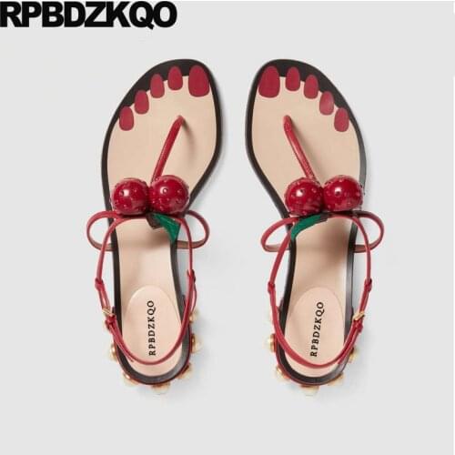 Sandals high quality chunky red low heel luxury shoes women designer thong bohemia pumps block cherry jewel famous brand crystal