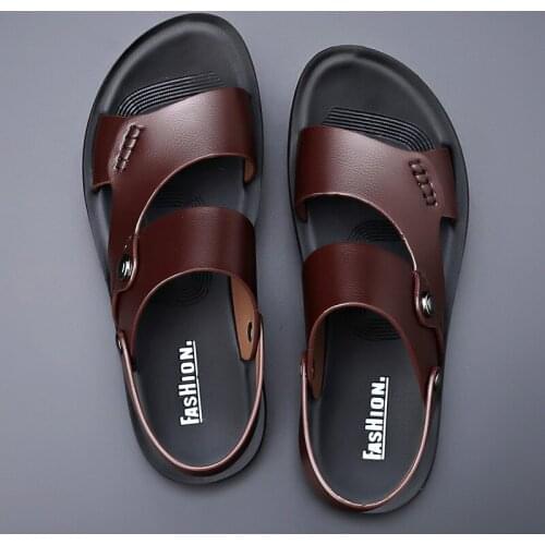 Summer New Fashion Men Shoes Vintage Real Leather Non-slip Beach Slip-On Sandals Travel Flip Flop Slippers Black Brown
