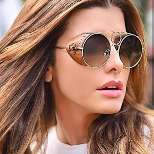 Steampunk Sunglasses Women Men Brand Designer Leather Round Male Goggles Female Black Eyeglasses Oculos De Sol Lunette UV400