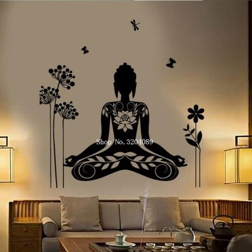 Buddha Wall Stickers Home Decoration Meditation Mantra Flower Butterfly Yoga Vinyl Decals Self-adhesive Art Wallpaper YY576
