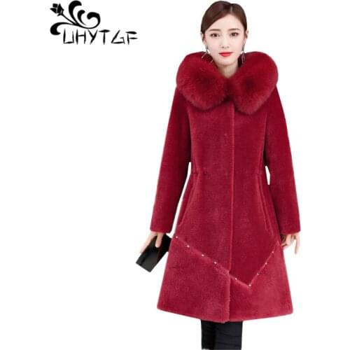 UHYTGF Quality sheep shearing winter fur coat women fashion fox fur elegant 4XLplus size jacket hooded temperament warm coat 509