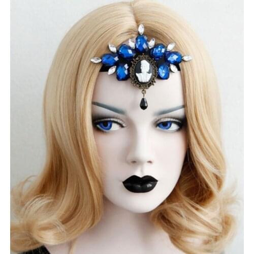 Blue Crystals with Skull Portrait Women`s Vintage Elastic Headbands Holloween Jewelry