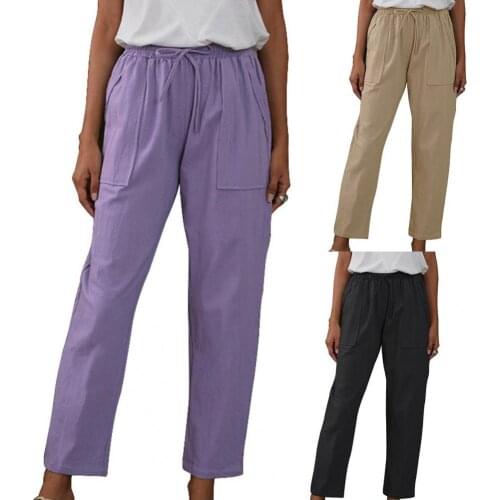 Women Solid Loose Trousers 2021 Summer Cotton Linen Elastic Waist High Waist Pants Female Straight Pockets Drawstring Long Pants