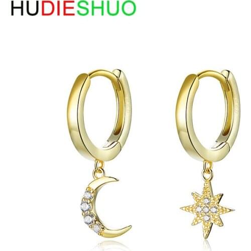 S925 SterlingSilver Moon & Star Zircon Hoop Earrings GoldColor Fashion Sunlight Small Earring for Women