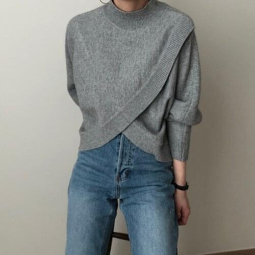 2020 Autumn Fashion Half-Turtleneck Women Sweater Jumpers Winter Knitwear Cross Irregular Loose Female Chic Knitted Pullovers