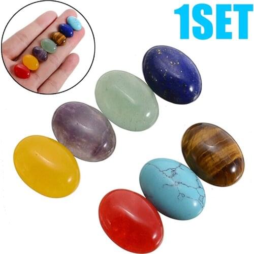 1 set 7 Chakra Stones Natural 7 Chakra Stones Set Engraved Healing Quartz Crystal Gemstones 18*13*5mm