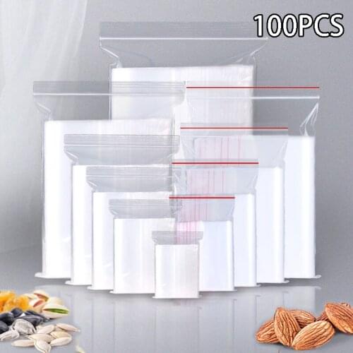 100pcs Zip Lock Plastic Bags Transparent Packaging Self Seal Clear Plastic Poly Bag Food Storage Package Reclosable Fresh Bag