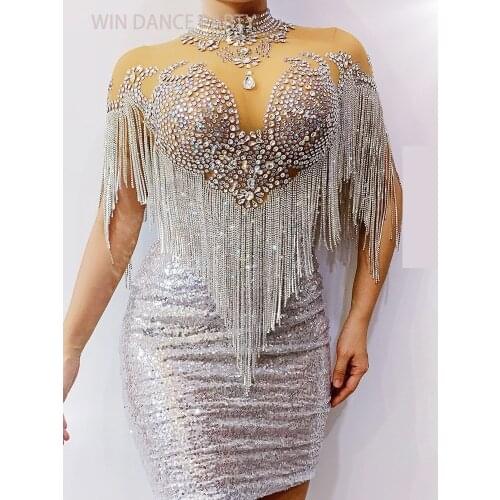 2 Style Silver Sequin Rhinestone Evening Long Dress Women Slim Sexy Wedding Bride Crystal Tassel Dress Singer Stage Costumes
